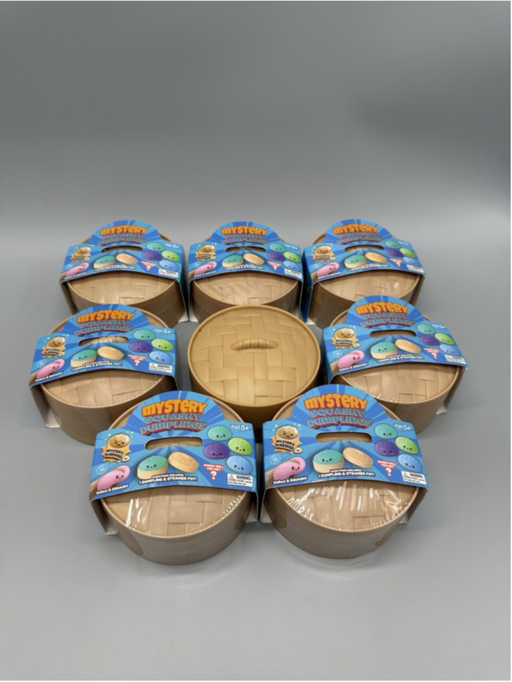 Lot of 7 Mystery Squashy Dumplings Steamer Basket Squeeze Toy 6 Sealed 1 Opened